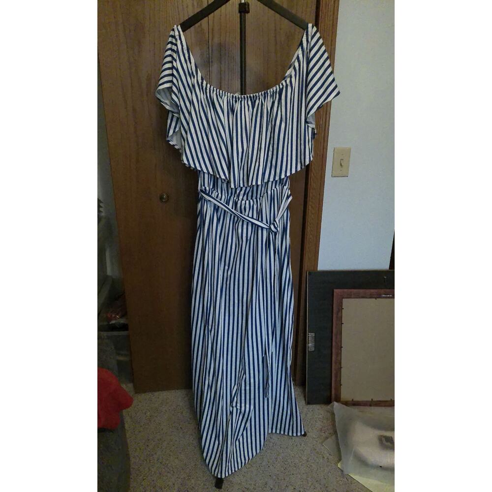 Pinup Fashion NWT Blue White Striped Off Shoulder Belted Ruffle Maxi Dress 22W